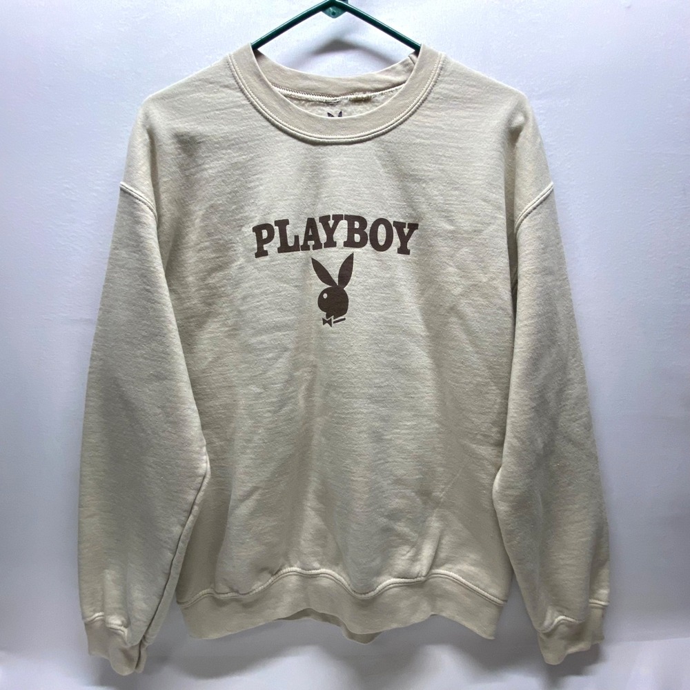 Playboy Sweatshirt Unisex Medium Oatmeal Beige LS Pullover Crewneck Fleece EUC